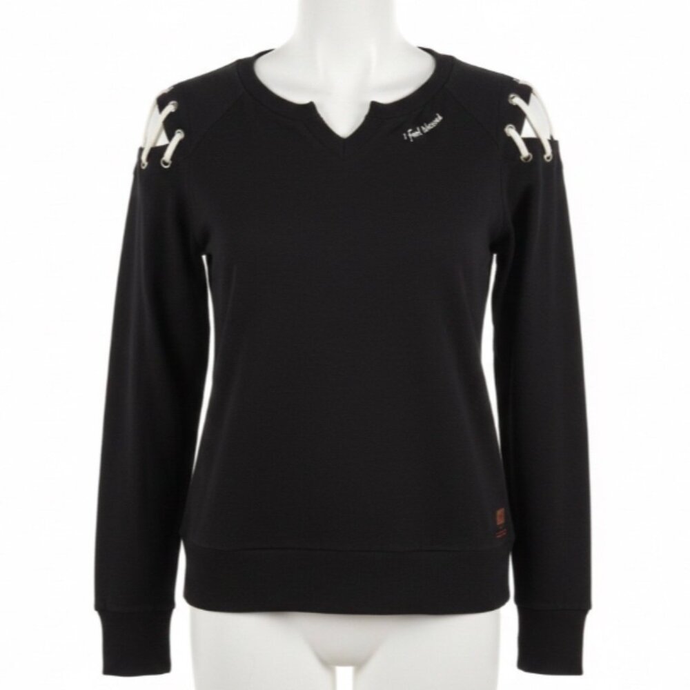 Peace Love World I Feel Blessed Sweatshirt Women L Black Lace Up Shoulder Chic